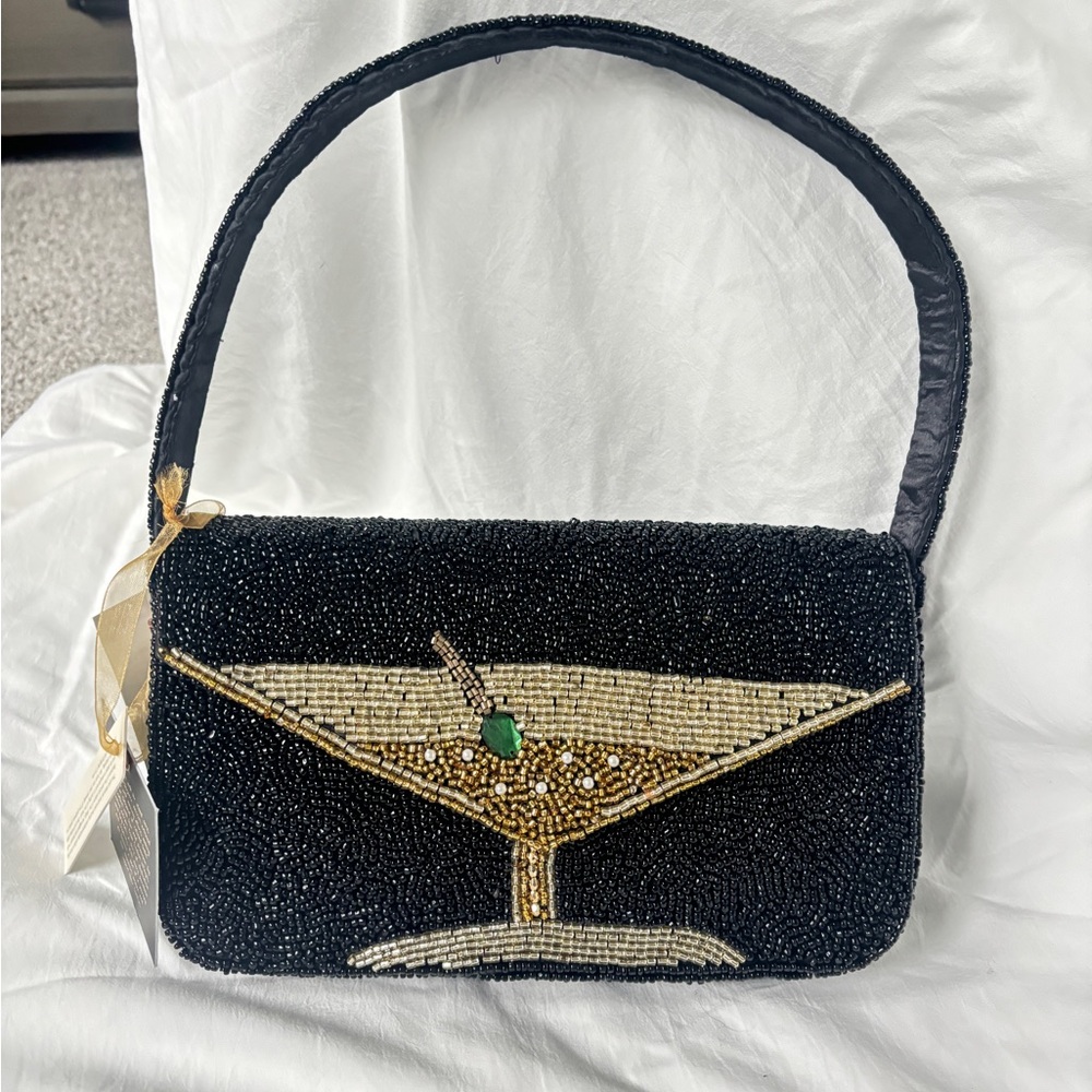 Elegant Black Beaded Clutch with Gold Martini Design